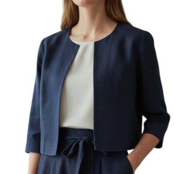 J. Crew Baird McNutt Cropped Irish Linen Jacket in Navy Blue Workwear Women's 8 - Picture 4 of 11